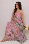 Aroop Shop India_Pink Chiffon V-neck Floral Tiered Maxi Dress  _Online_at_Aza_Fashions