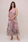 Shop_Aroop Shop India_Pink Chiffon V-neck Floral Tiered Maxi Dress  _Online_at_Aza_Fashions