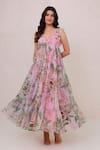 Buy_Aroop Shop India_Pink Chiffon V-neck Floral Tiered Maxi Dress  _at_Aza_Fashions