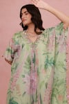 Buy_Aroop Shop India_Green Chiffon, Silk Tassels, Embroidery, Floral Printed Kaftan Kurta And Pant Set _Online_at_Aza_Fashions