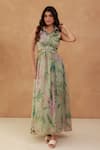 Buy_Aroop Shop India_Green Chiffon Embroidery Collared Floral Printed Maxi Dress _at_Aza_Fashions