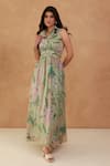 Aroop Shop India_Green Chiffon Embroidery Collared Floral Printed Maxi Dress _Online_at_Aza_Fashions