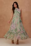 Buy_Aroop Shop India_Green Chiffon Embroidery Halter Neck Floral Tiered Gathered Dress _at_Aza_Fashions