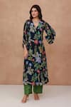 Buy_Aroop Shop India_Navy Crepe, Silk Embroidery, Beads V-neck Floral Printed Kurta And Pant Set _at_Aza_Fashions