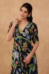 Shop_Aroop Shop India_Blue Crepe Embroidery V-neck Floral Hand Dress _Online_at_Aza_Fashions