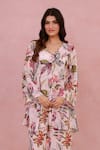 Aroop Shop India_Pink Crepe Embroidery, Piping V-neck Floral Hand Shirt Tunic And Pant Set _Online_at_Aza_Fashions