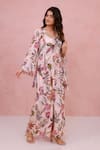 Buy_Aroop Shop India_Pink Crepe Embroidery, Piping V-neck Floral Hand Shirt Tunic And Pant Set _Online_at_Aza_Fashions