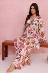 Shop_Aroop Shop India_Pink Crepe Embroidery, Piping V-neck Floral Hand Shirt Tunic And Pant Set _Online_at_Aza_Fashions