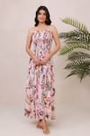 Aroop Shop India_Pink Crepe Ruffles Bandeau Neck Floral Hand Embroidered Smocked Maxi Dress _Online_at_Aza_Fashions