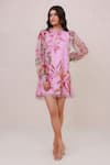 Buy_Aroop Shop India_Pink Chiffon Ruffles, Embroidery High Floral Mini Dress With Balloon Sleeves _at_Aza_Fashions