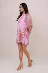 Aroop Shop India_Pink Chiffon Ruffles, Embroidery High Floral Mini Dress With Balloon Sleeves _Online_at_Aza_Fashions