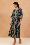 Aroop Shop India_Blue Crepe Lace V-neck Tropical Floral Print Kaftan Dress _Online_at_Aza_Fashions