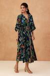 Buy_Aroop Shop India_Blue Crepe Lace V-neck Tropical Floral Print Kaftan Dress _Online_at_Aza_Fashions