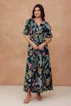 Buy_Aroop Shop India_Blue Crepe V-neck Tropical Floral Print Maxi Dress _at_Aza_Fashions