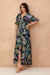 Aroop Shop India_Blue Crepe V-neck Tropical Floral Print Maxi Dress _Online_at_Aza_Fashions