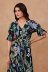 Shop_Aroop Shop India_Blue Crepe V-neck Tropical Floral Print Maxi Dress _Online_at_Aza_Fashions