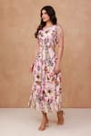 Aroop Shop India_Pink Crepe Beads, Embroidery Round Neck Floral Hand Cut-out Dress _Online_at_Aza_Fashions