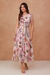 Buy_Aroop Shop India_Pink Crepe Beads, Embroidery Round Neck Floral Hand Cut-out Dress _at_Aza_Fashions