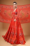 Gazab by Miku Kumar_Red Georgette, Organza Embroidery V-neck Sarmast Printed Anarkali With Dupatta _at_Aza_Fashions