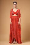 Buy_Gazab by Miku Kumar_Red Georgette Embroidery Open Neck, Husna Printed Cape Skirt Set _at_Aza_Fashions