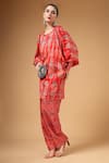 Gazab by Miku Kumar_Red Silk, Crepe Round Neck Ruhani Printed Kaftan With Palazzo _at_Aza_Fashions