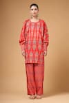 Gazab by Miku Kumar_Red Silk, Crepe Round Neck Ruhani Printed Kaftan With Palazzo _Online
