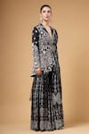Gazab by Miku Kumar_Black Crepe, Silk V-neck Noorani Printed Jacket Sharara Set _at_Aza_Fashions