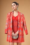 Shop_Gazab by Miku Kumar_Red Silk, Crepe, Georgette V-neck, Collared Sabr Printed Dress With Jacket 