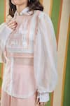 Orthodox_Peach Organza Embroidery Collared Architectural Domes Top _Online_at_Aza_Fashions