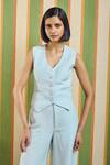 Buy_Orthodox_Sky Blue Cotton, Linen V-neck Minar Vest _at_Aza_Fashions
