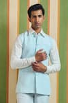 Buy_Orthodox_Sky Blue Cotton, Linen Embroidery Minaret Panel Sadri Nehru Jacket _at_Aza_Fashions