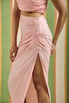 Buy_Orthodox_Peach Cotton Satin Curve Drop Ruched Skirt _Online_at_Aza_Fashions