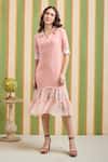 Buy_Orthodox_Peach Cotton, Linen, Organza Embroidery Collared, V-neck Velina Blush Drop Dress _at_Aza_Fashions