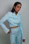 Buy_Orthodox_Sky Blue Cotton, Linen Embroidery Serai Cross Crop Blazer _at_Aza_Fashions