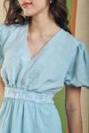Orthodox_Blue Cotton, Linen Embroidery, Bows V-neck Backtie Tonal Dome Dress _Online_at_Aza_Fashions