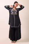 Shop Myra Clothing Line Charcoal Crepe Embroidery V-neck Floral Hand Work Tunic And Dhoti Pant Set at Aza Fashions Shop_Myra Clothing Line_Charcoal Crepe Embroidery V-neck Floral Hand Work Tunic And Dhoti Pant Set _at_Aza_Fashions