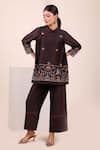 Buy_Myra Clothing Line_Brown Chanderi Embroidery Mandarin Collar Short Kurti And Pant Set _at_Aza_Fashions