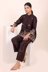 Shop_Myra Clothing Line_Brown Chanderi Embroidery Mandarin Collar Short Kurti And Pant Set _Online_at_Aza_Fashions
