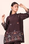 Myra Clothing Line_Brown Chanderi Embroidery Mandarin Collar Short Kurti And Pant Set _at_Aza_Fashions