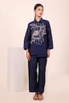 Shop_Myra Clothing Line_Navy Chanderi Embroidery Collared Floral Shirt And Pant Set _at_Aza_Fashions