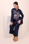 Shop_Myra Clothing Line_Navy Chanderi Embroidery Collared Floral Shirt And Pant Set _Online_at_Aza_Fashions
