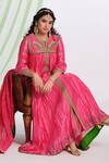 Almaari By Pooja Patel_Pink Silk Embroidery, Gota Patti Split V-neck Rangsetu Anarkali Set _Online_at_Aza_Fashions