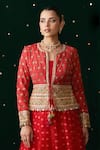 Shop_Almaari By Pooja Patel_Red Silk, Organza, Jacquard, Satin, Maracus Geometric Pattern Jacket Lehenga Set _at_Aza_Fashions