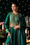 Almaari By Pooja Patel_Emerald Green Silk, Organza Embroidery, Mirrors, Zari, Dholak Anarkali Set _Online_at_Aza_Fashions