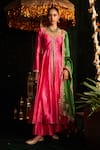 Almaari By Pooja Patel_Pink Silk Embroidery, Sequins, Gota Patti, Tassels V-neck Tumbi Anarkali Set _at_Aza_Fashions
