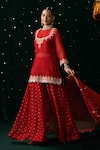 Shop_Almaari By Pooja Patel_Red Organza Gota Patti, Embroidery, Pearls, Mirrors, Tanpura Kurta Sharara Set _Online_at_Aza_Fashions