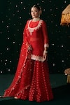 Almaari By Pooja Patel_Red Organza Gota Patti, Embroidery, Pearls, Mirrors, Tanpura Kurta Sharara Set _at_Aza_Fashions