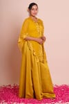 Brij_Mustard Linen, Satin Open Neck, Avisha Yellow Embroidered Cape Set _at_Aza_Fashions