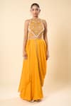 Samyukta Singhania_Yellow Georgette Embroidery, Beads Halter Neck Hand Blouse With Lehenga Saree _at_Aza_Fashions