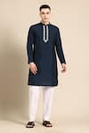 Sayisha_Navy Silk, Crepe Embroidery Abstract Kantha Kurta _Online_at_Aza_Fashions
